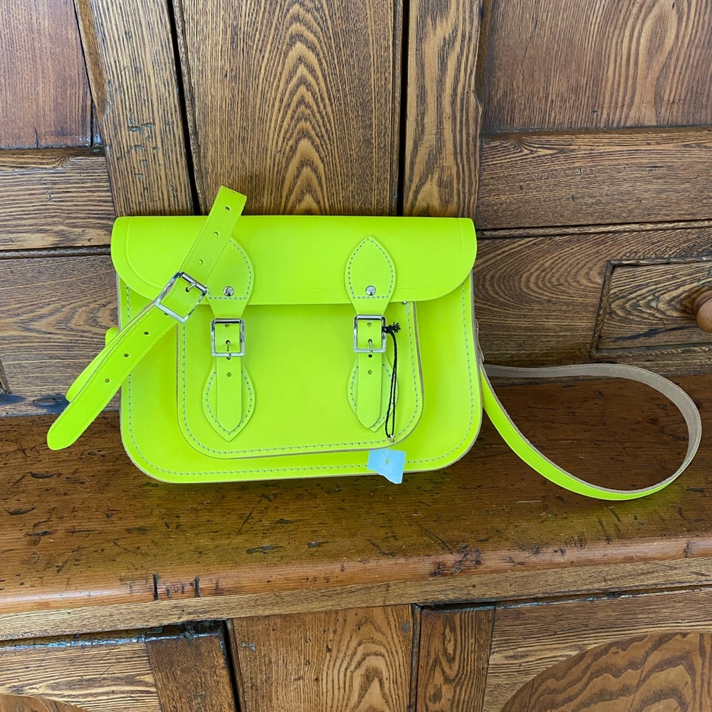 Cambridge Satchel Company 11” fluorescent neon yellow  leather crossbody bag
